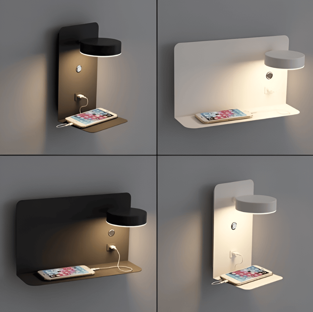 Led-vegglampe med hylle og USB-port - Moderne design og 2-i-1-funksjon
